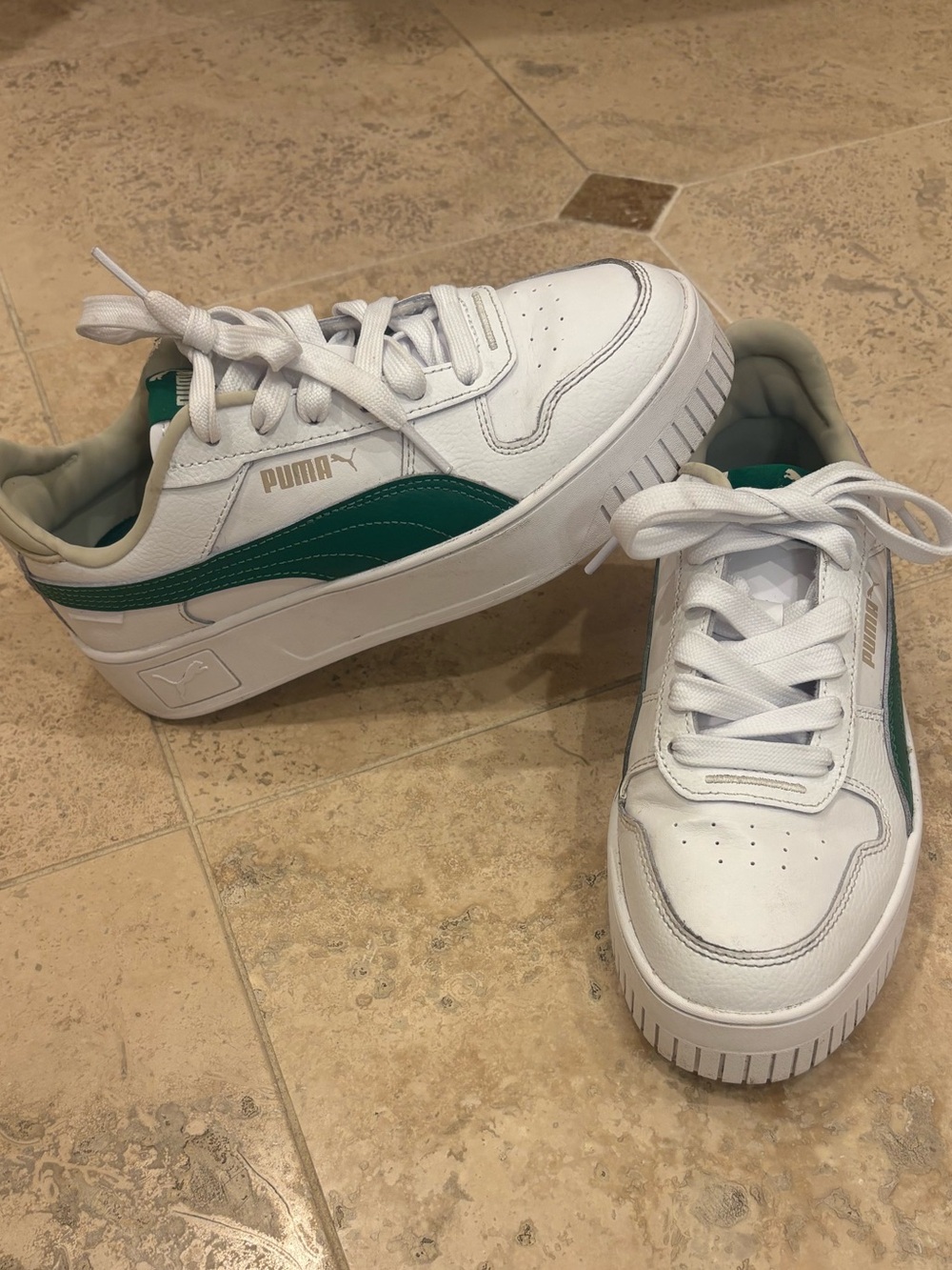 Puma Platform White Sneakers with Green Stripe and Gold Logo